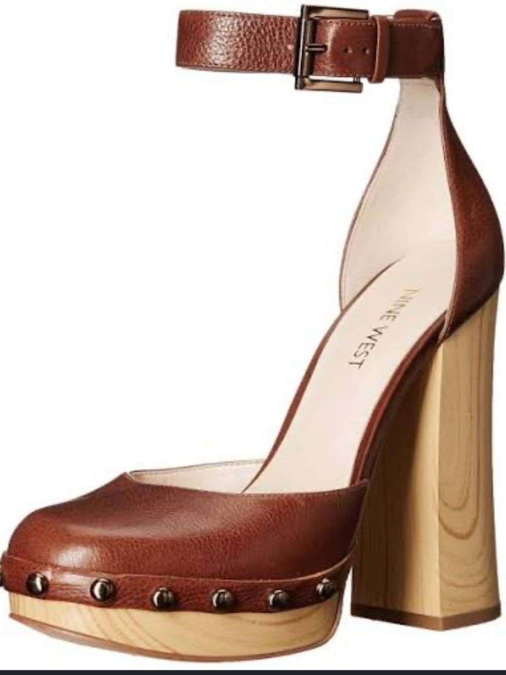 Nine West Brown Leather Ankle-Strap Platform Pump with Wood-Look Heel